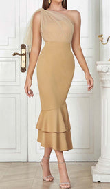 ONE-SHOULDER MERMAID MIDI DRESS IN KHAKI