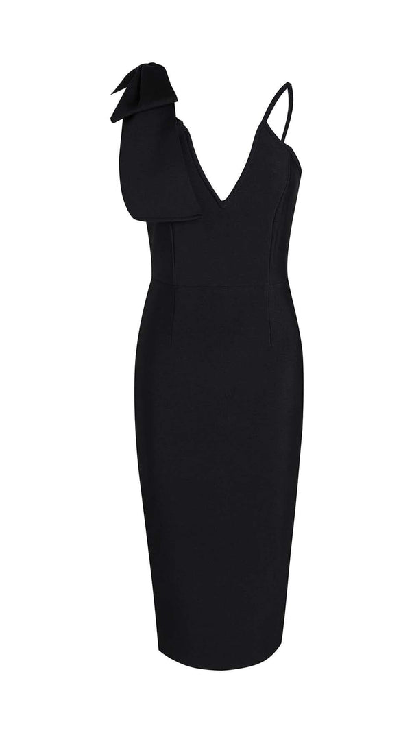 AIIZIE PLUNGING NECKLINE BOW MIDI DRESS IN BLACK - product image