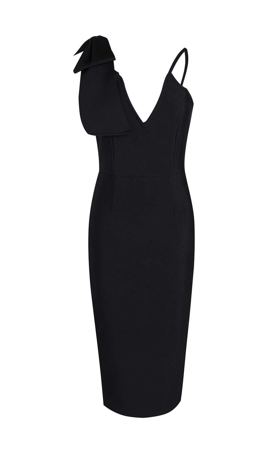 MIDIKLEID MIT TIEFENAUSSCHNITT UND SCHLEIFE IN SCHWARZ