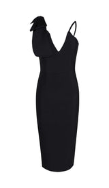 PLUNGING NECKLINE BOW MIDI DRESS IN BLACK