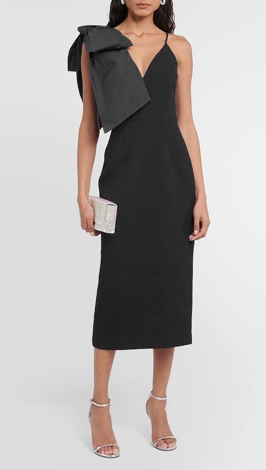 PLUNGING NECKLINE BOW MIDI DRESS IN BLACK