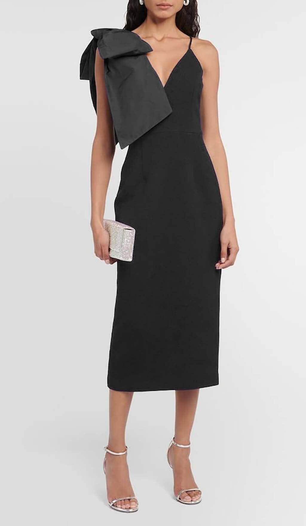 ABITO MIDI CON SCOLLATURA PROFONDA E FIOCCO NERO