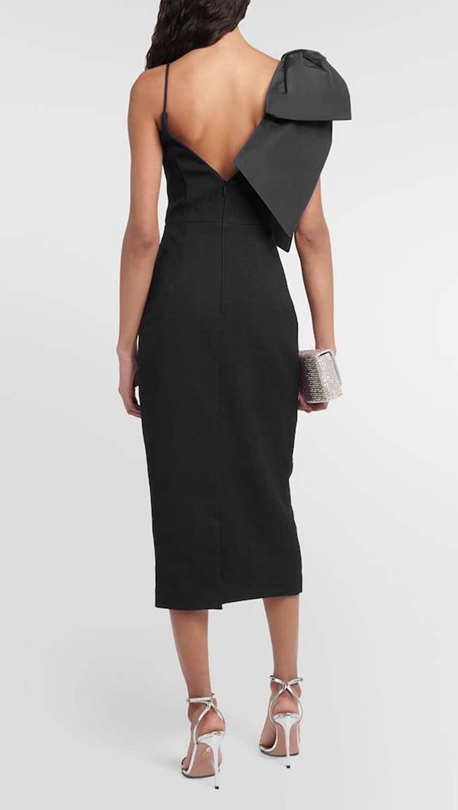 PLUNGING NECKLINE BOW MIDI DRESS IN BLACK