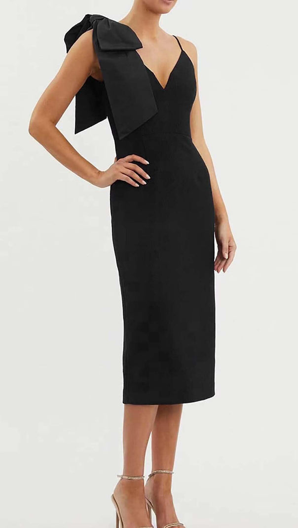 AIIZIE PLUNGING NECKLINE BOW MIDI DRESS IN BLACK - product image