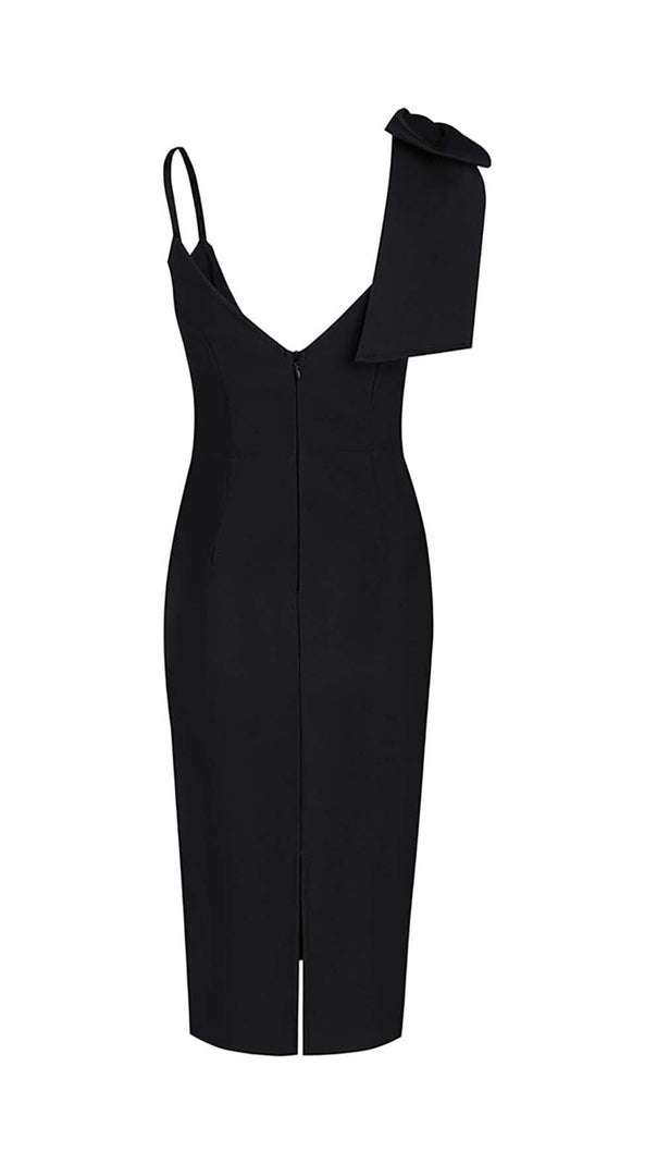 AIIZIE PLUNGING NECKLINE BOW MIDI DRESS IN BLACK - product image