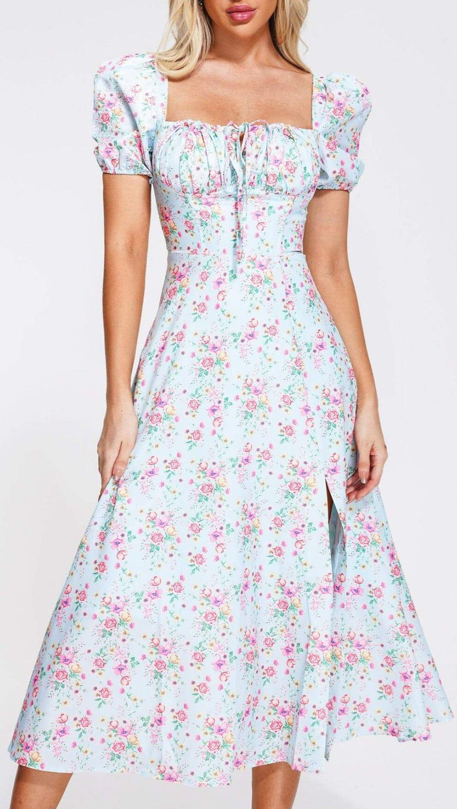 PUFF SLEEVE FLORAL MIDI DRESS