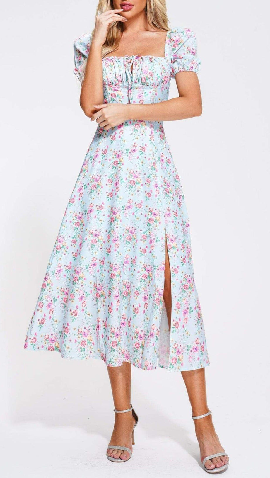 PUFF SLEEVE FLORAL MIDI DRESS