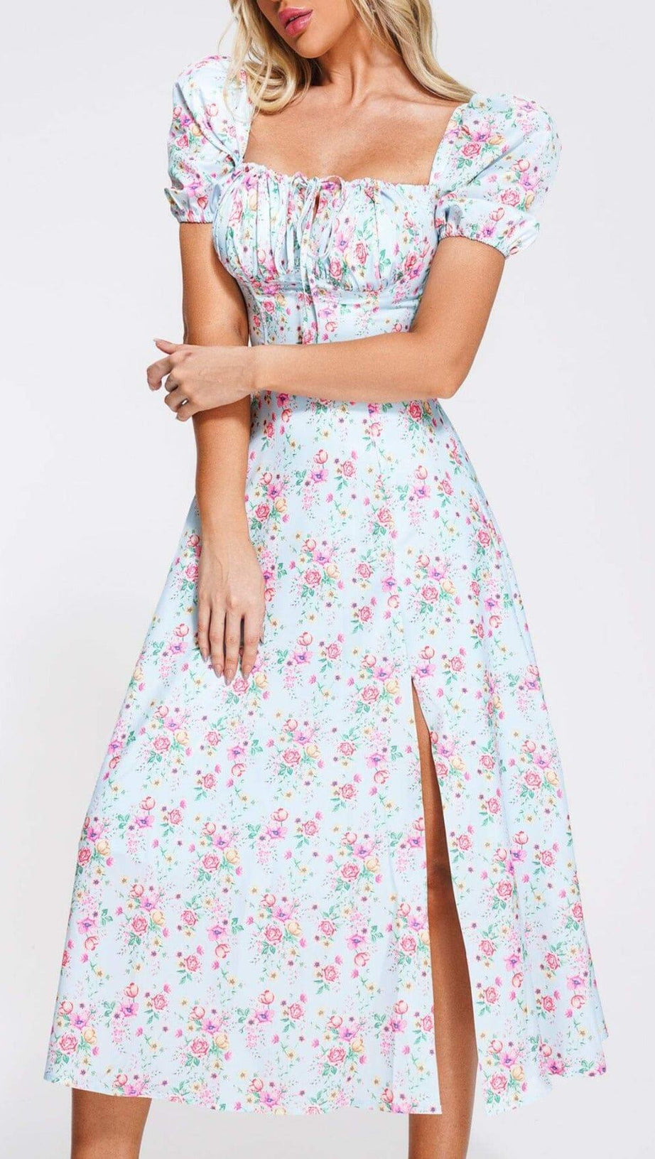PUFF SLEEVE FLORAL MIDI DRESS