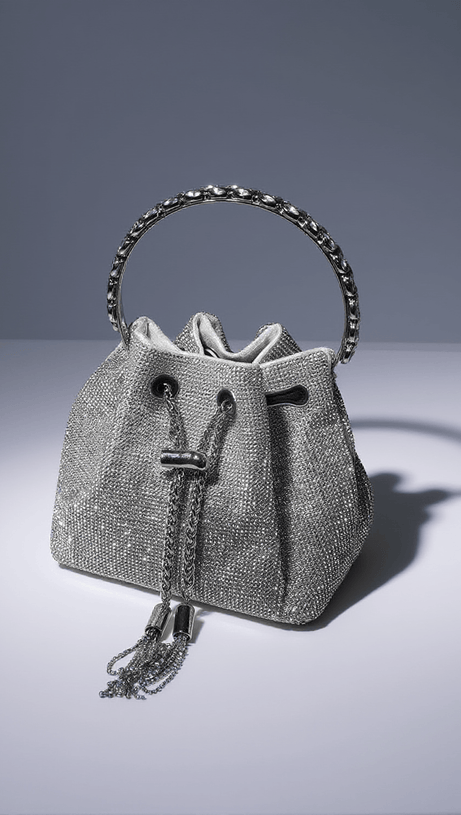 MATTEA CRYSTAL EMBELLISHED BUCKET BAG IN SILVER