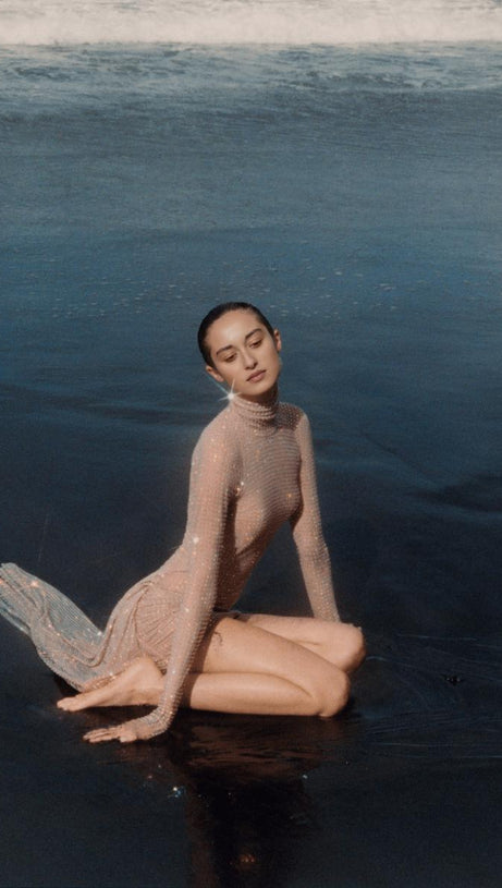 RHINESTONES MESH MINI DRESS IN NUDE