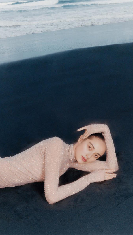 RHINESTONES MESH MINI DRESS IN NUDE