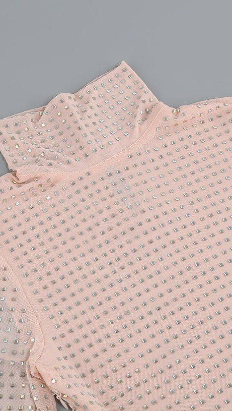 RHINESTONES MESH MINI DRESS IN NUDE