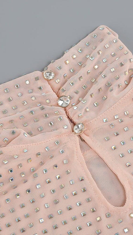 RHINESTONES MESH MINI DRESS IN NUDE