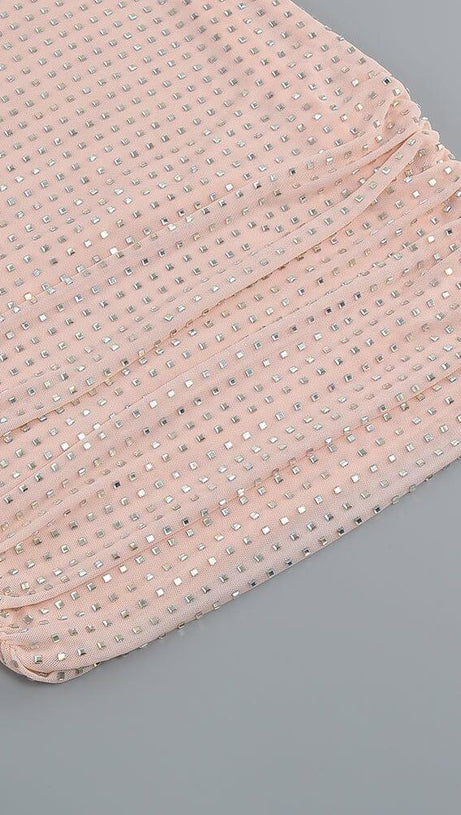 RHINESTONES MESH MINI DRESS IN NUDE