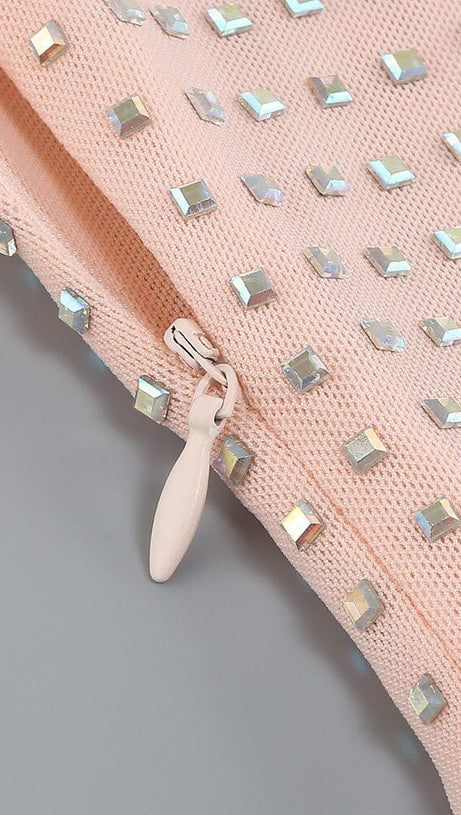 RHINESTONES MESH MINI DRESS IN NUDE