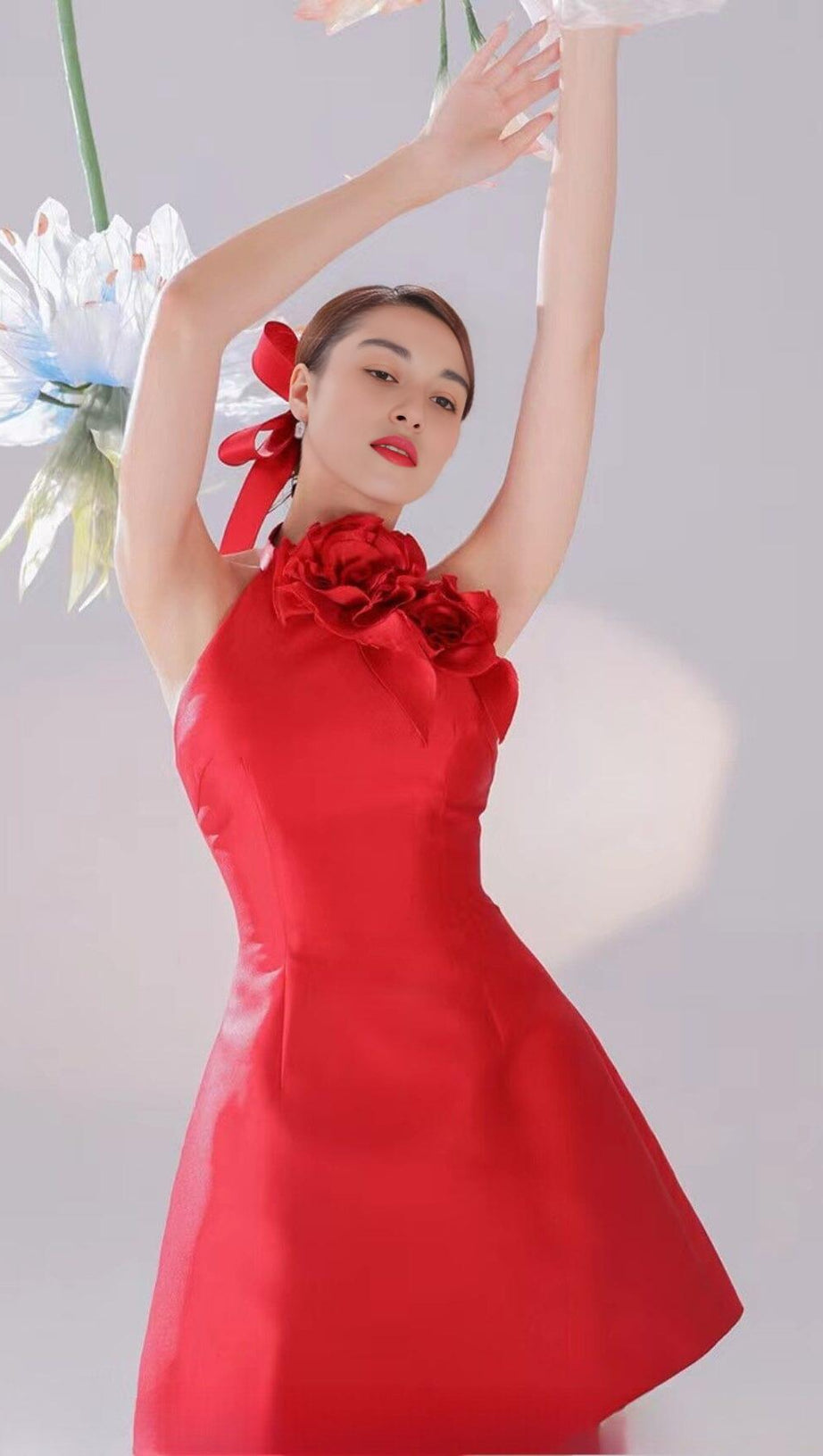 ROSE EMBELLISHED SATIN MINI DRESS IN RED