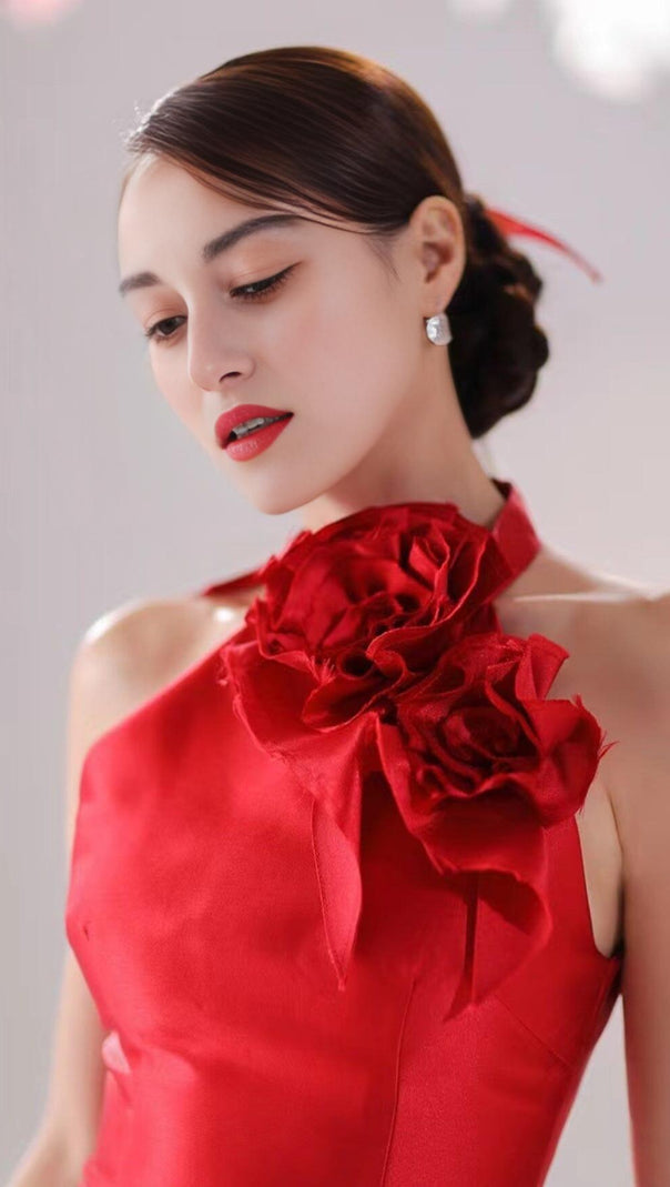AIIZIE ROSE EMBELLISHED SATIN MINI DRESS IN RED - product image