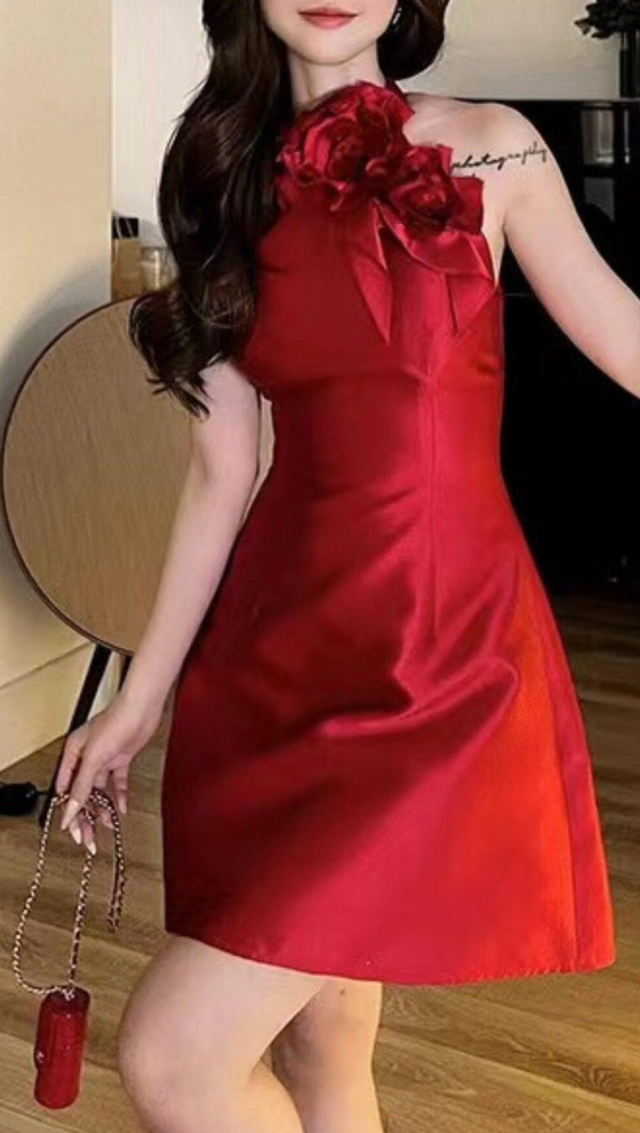 ROSE EMBELLISHED SATIN MINI DRESS IN RED