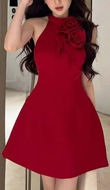 ROSE EMBELLISHED SATIN MINI DRESS IN RED