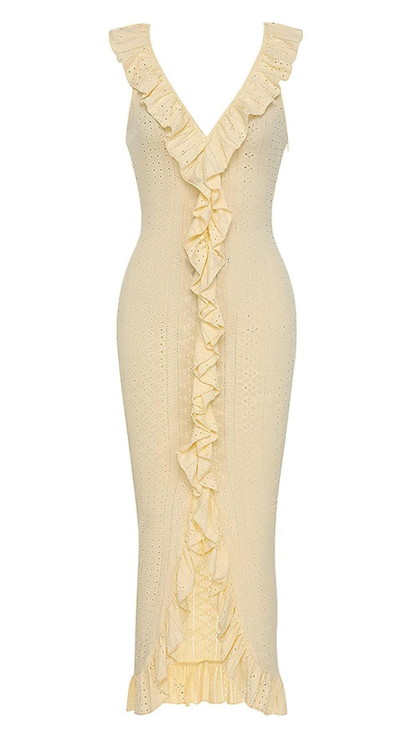 AIIZIE RUCHED RUFFLE TRIM MIDI DRESS - product image