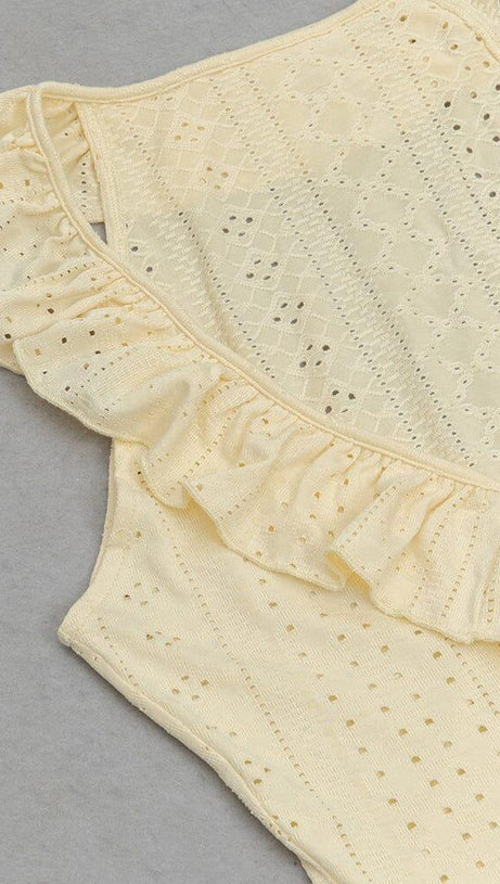 RUCHED RUFFLE TRIM MIDI DRESS