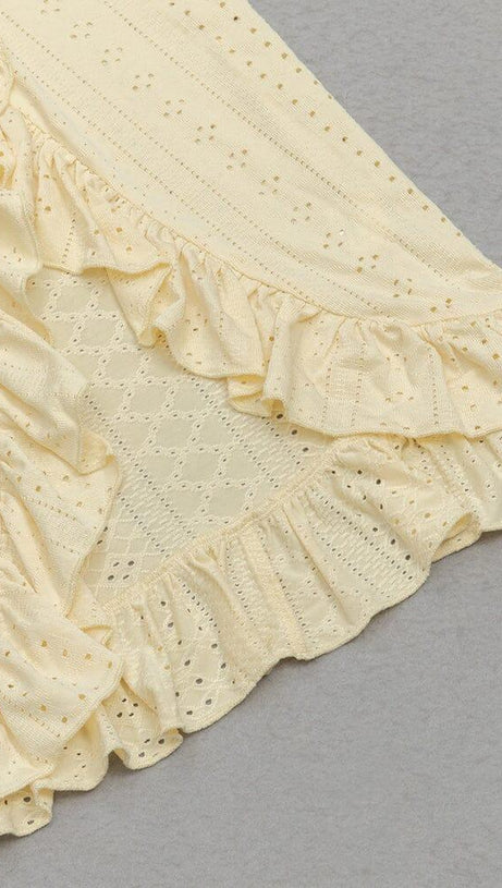 RUCHED RUFFLE TRIM MIDI DRESS