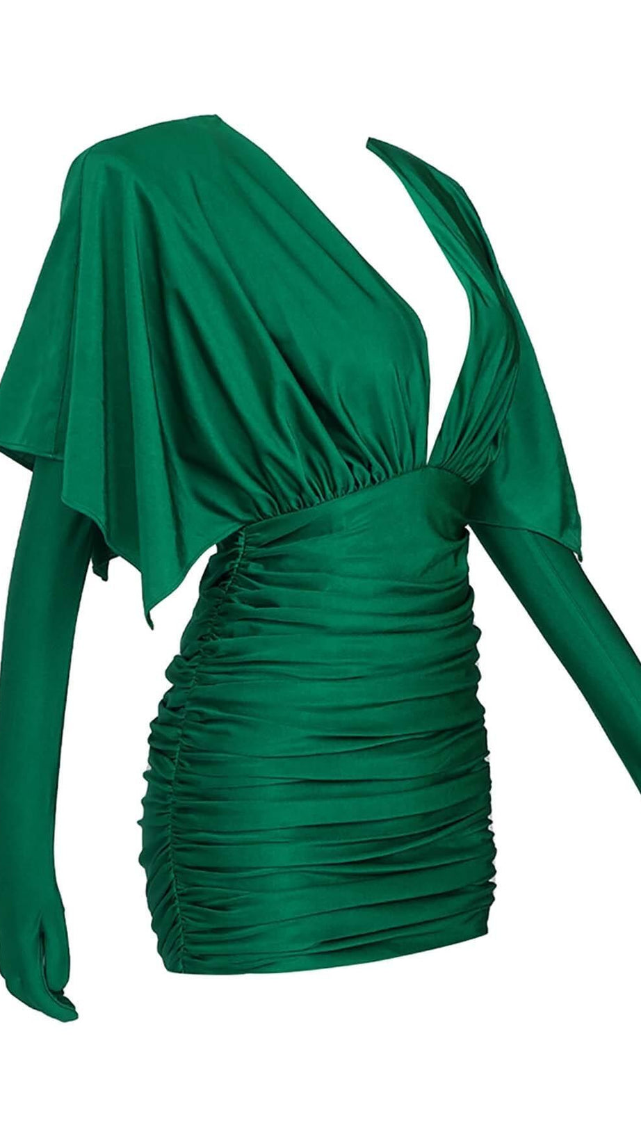 RUCHED SATIN MINI DRESS IN GREEN
