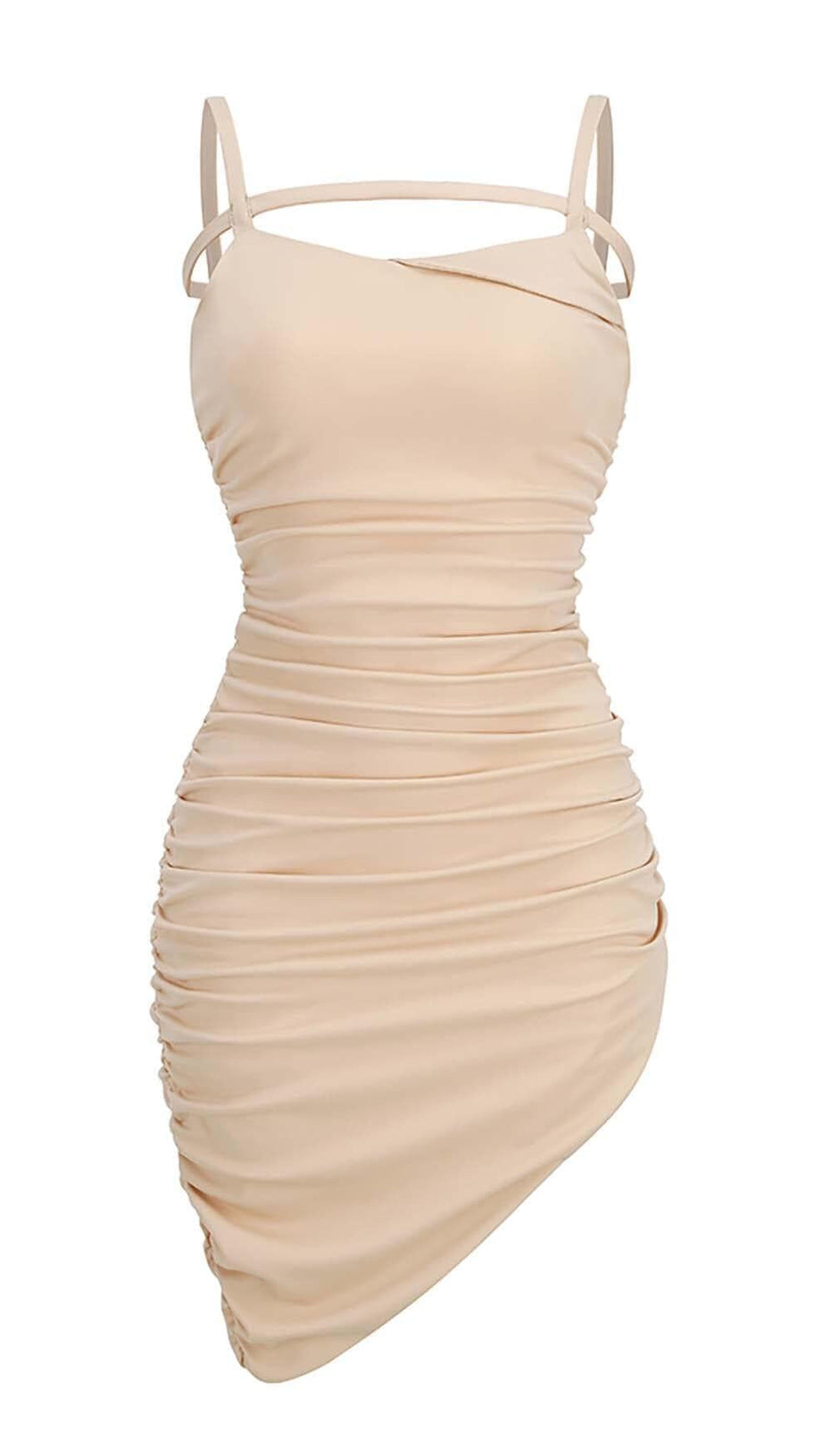 RUCHED STRAPPY MIDI DRESS IN NUDE