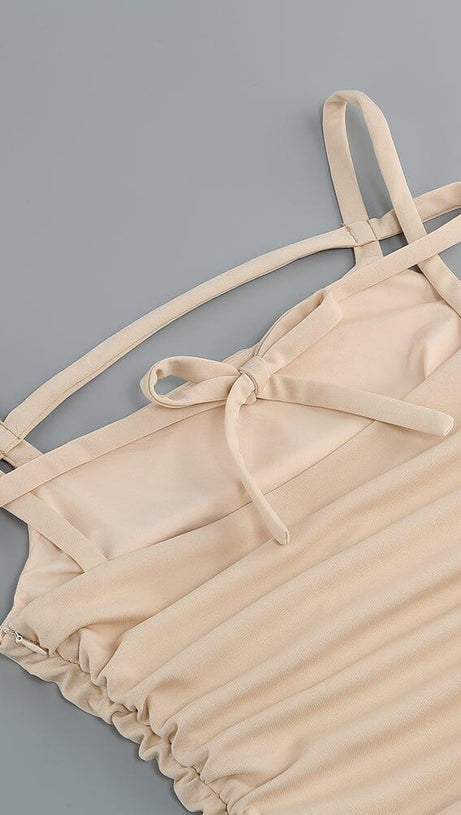 RUCHED STRAPPY MIDI DRESS IN NUDE