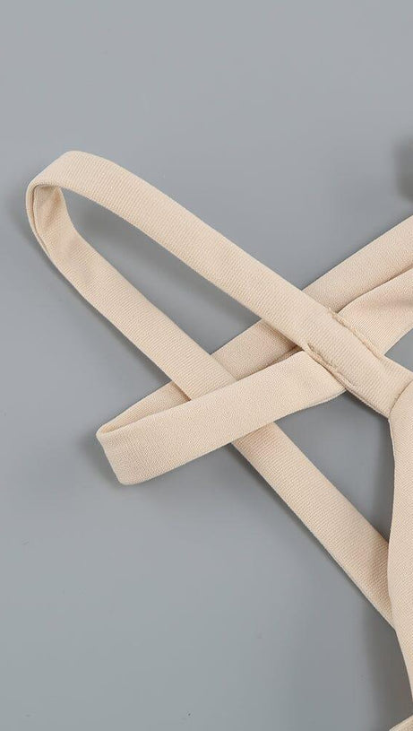 RUCHED STRAPPY MIDI DRESS IN NUDE