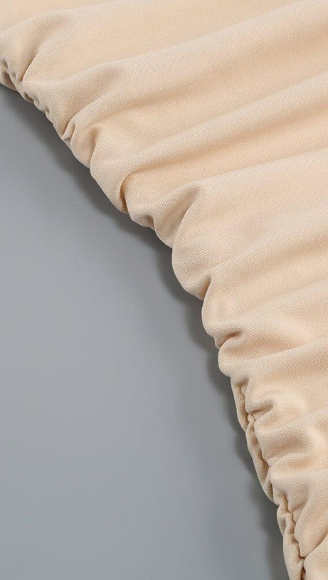 RUCHED STRAPPY MIDI DRESS IN NUDE