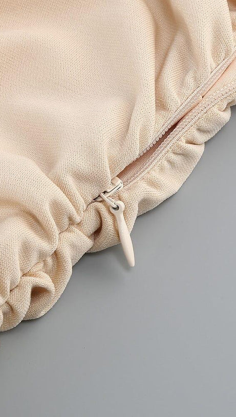 RUCHED STRAPPY MIDI DRESS IN NUDE