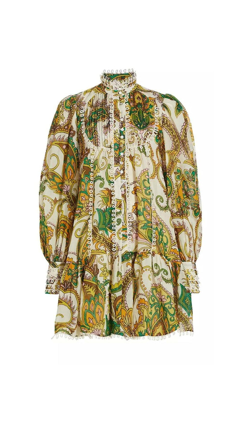 RUFFLE PAISLEY PRINT MINI DRESS