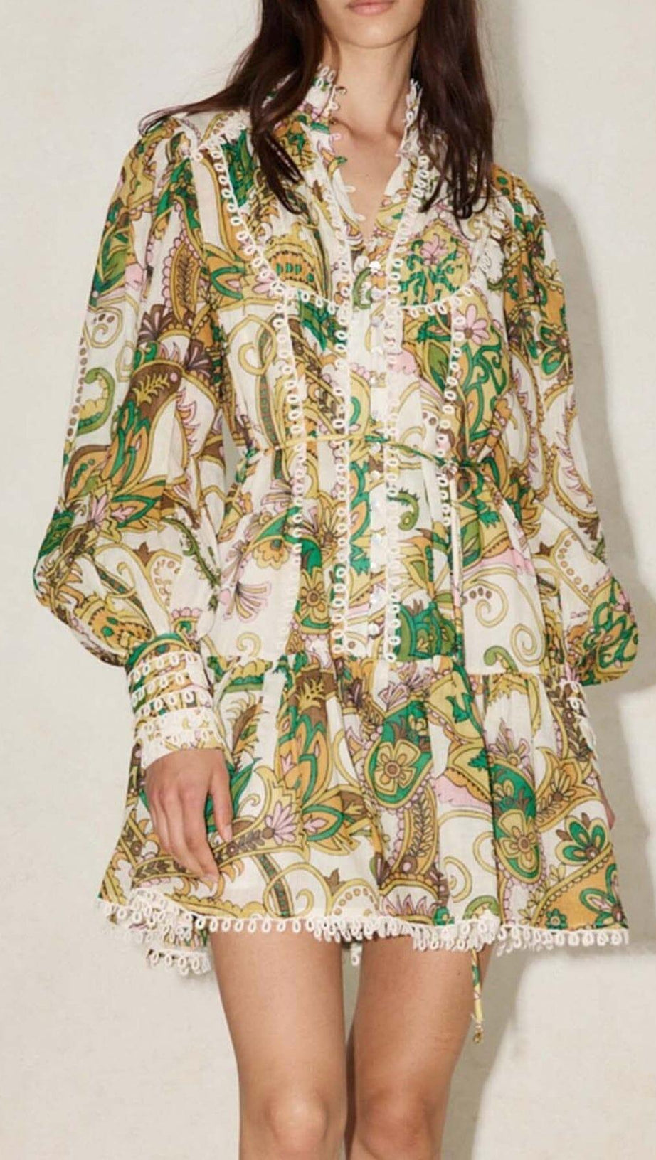 RUFFLE PAISLEY PRINT MINI DRESS