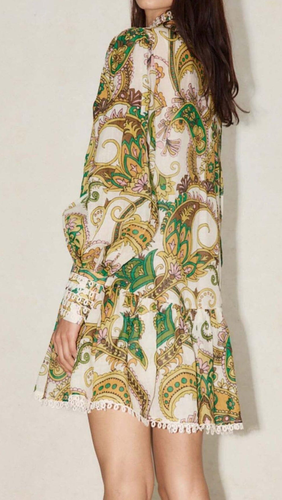 RUFFLE PAISLEY PRINT MINI DRESS