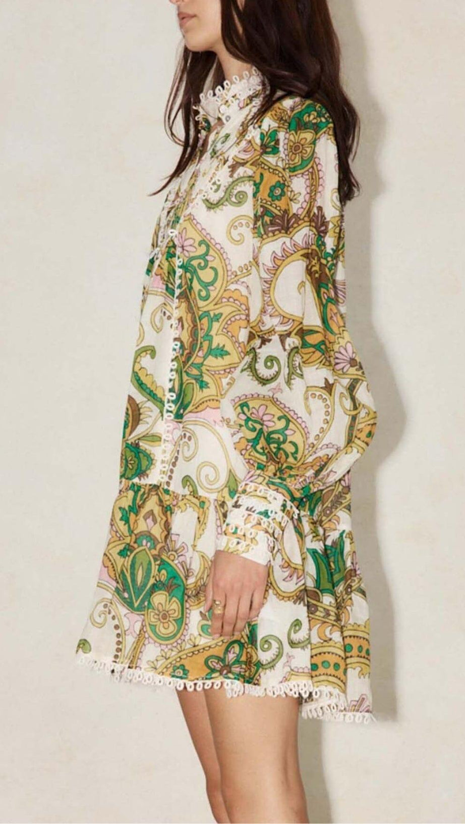 RUFFLE PAISLEY PRINT MINI DRESS