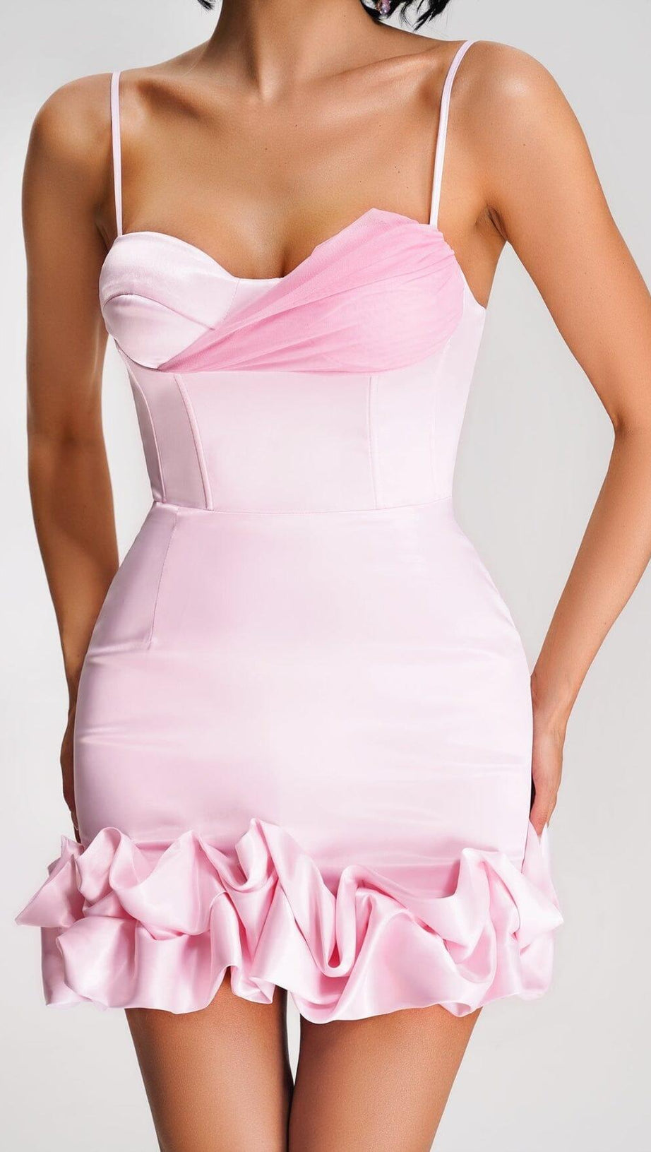 RUFFLED CORSET MINI DRESS IN PINK