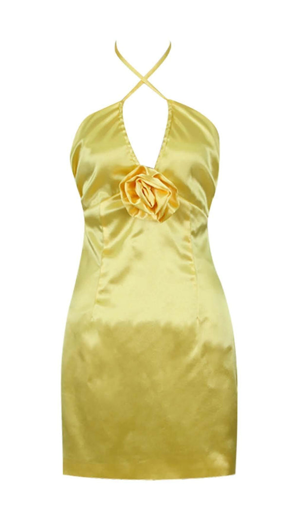 AIIZIE SATIN STRAPPY HALTER NECK DRESS IN GOLD - product image