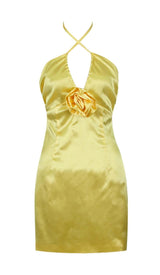 SATIN STRAPPY HALTER NECK DRESS IN GOLD