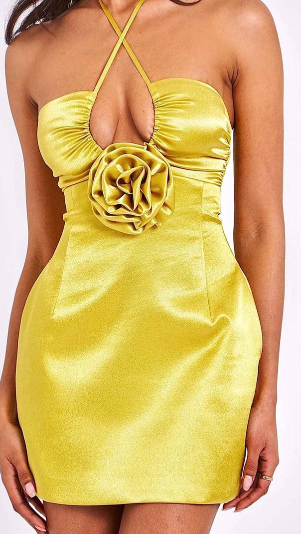AIIZIE SATIN STRAPPY HALTER NECK DRESS IN GOLD - product image