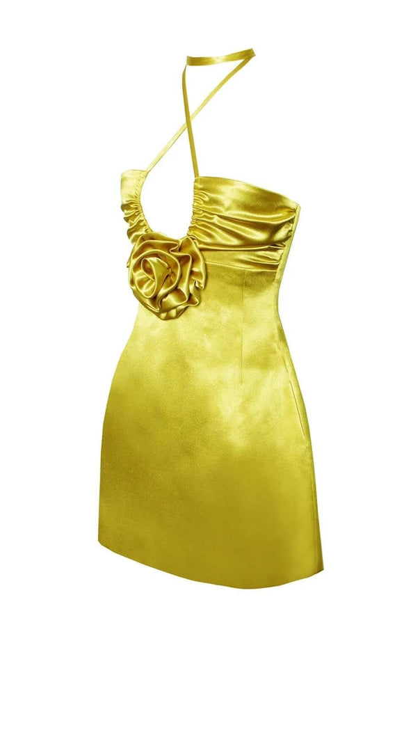 AIIZIE SATIN STRAPPY HALTER NECK DRESS IN GOLD - product image