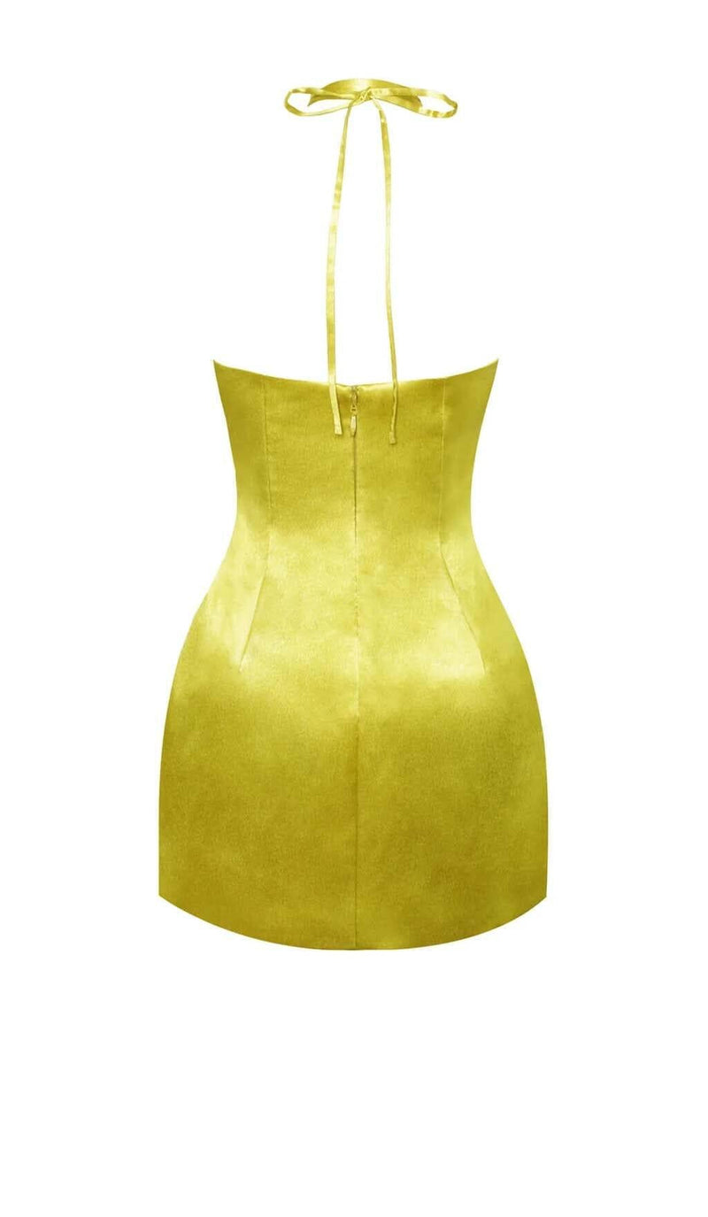 SATIN STRAPPY HALTER NECK DRESS IN GOLD