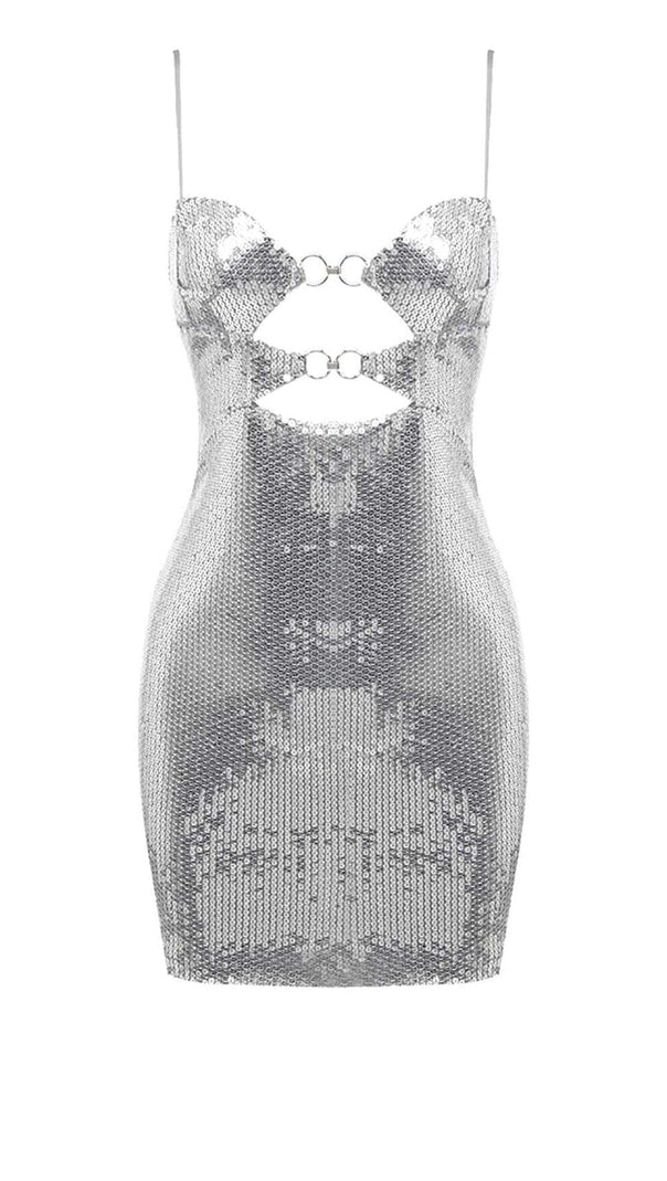AIIZIE SEQUIN CUTOUT DRAPED MINI DRESS IN METALLIC SILVER - product image