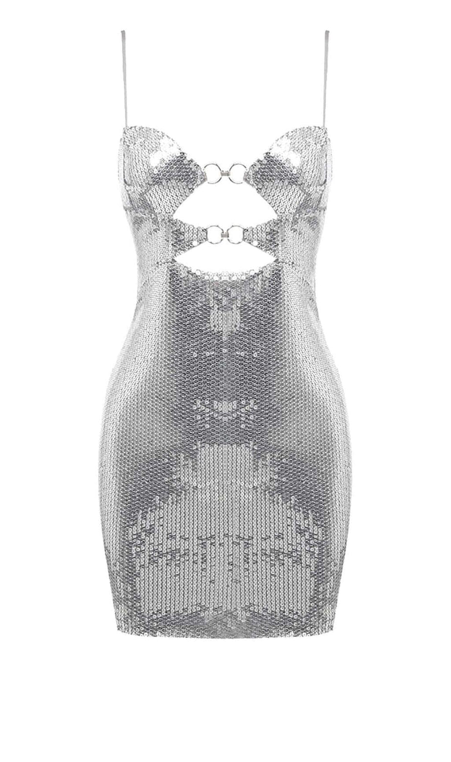 MINI ABITO DRAPPEGGIATO CON TAGLIO DI PAILLETTES IN ARGENTO METALLIZZATO