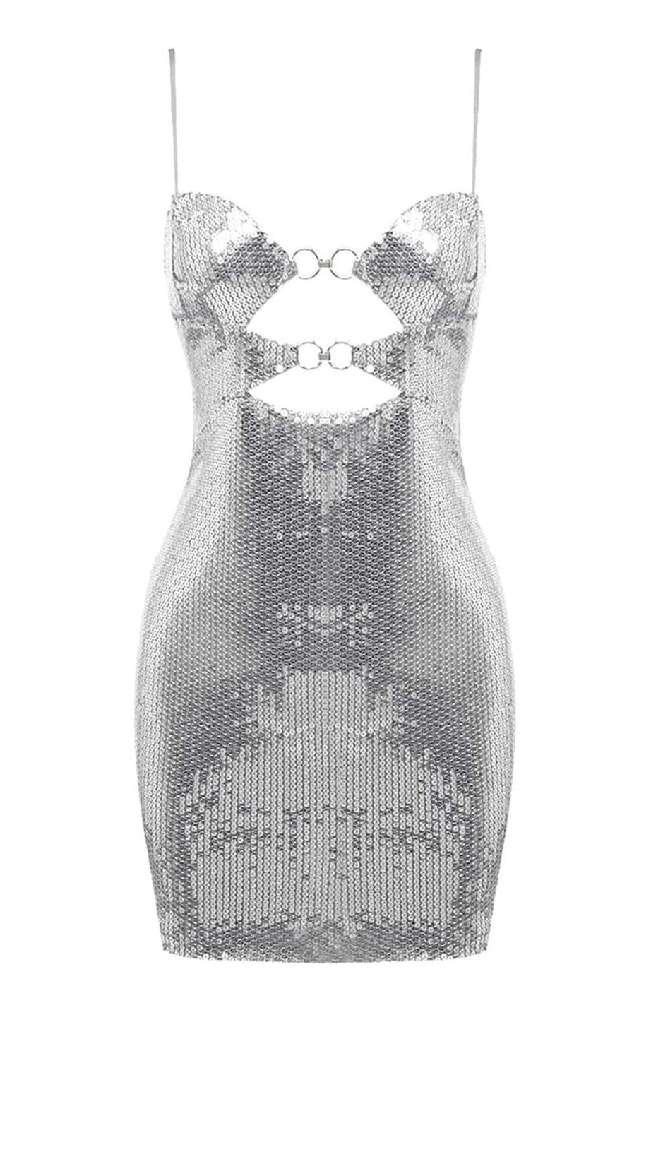 SEQUIN CUTOUT DRAPED MINI DRESS IN METALLIC SILVER