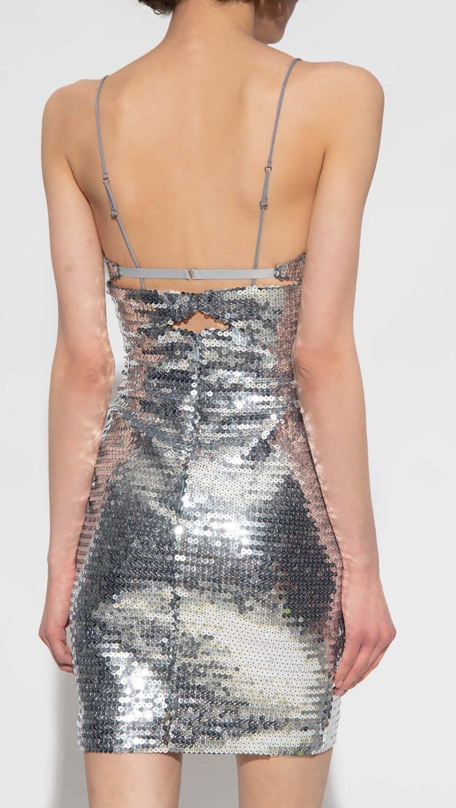 MINI ABITO DRAPPEGGIATO CON TAGLIO DI PAILLETTES IN ARGENTO METALLIZZATO