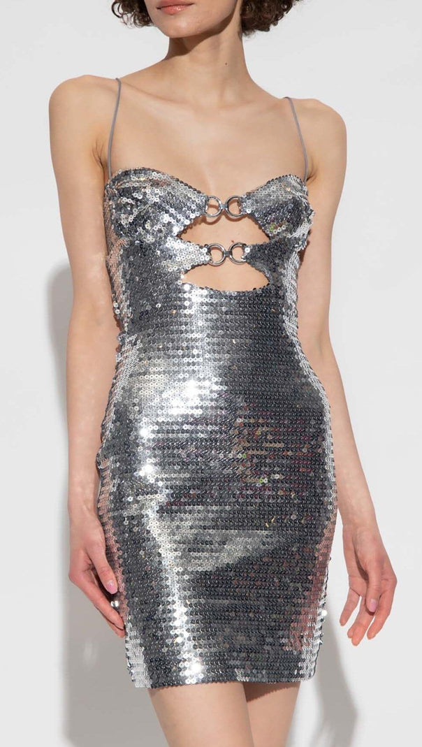 AIIZIE SEQUIN CUTOUT DRAPED MINI DRESS IN METALLIC SILVER - product image