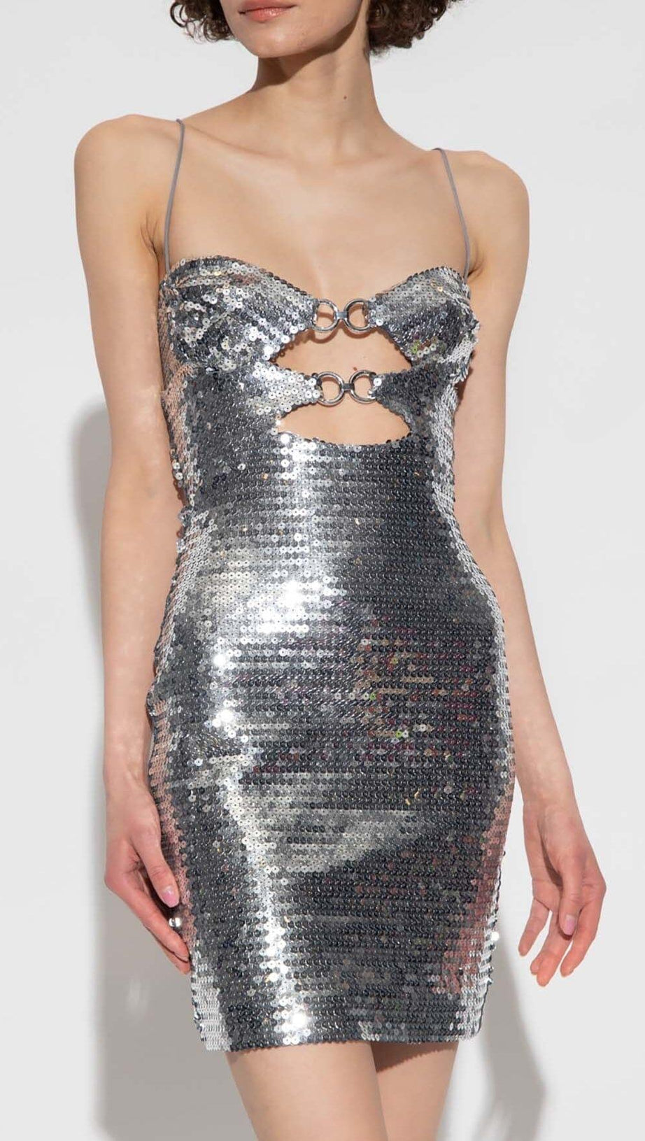 MINI ABITO DRAPPEGGIATO CON TAGLIO DI PAILLETTES IN ARGENTO METALLIZZATO