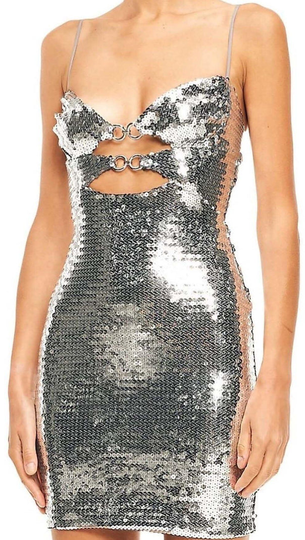 AIIZIE SEQUIN CUTOUT DRAPED MINI DRESS IN METALLIC SILVER - product image