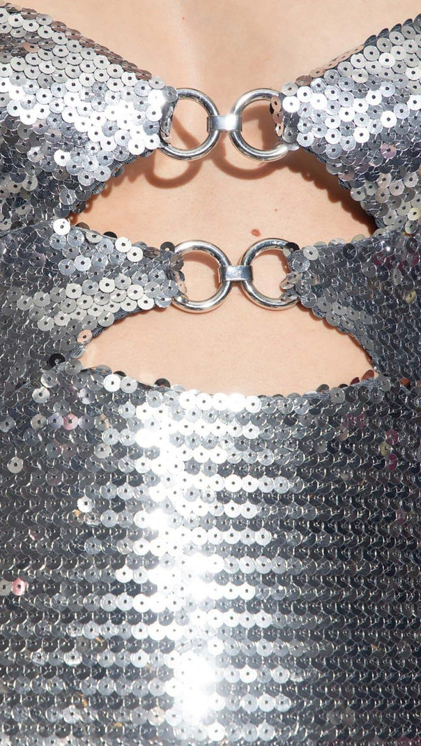 AIIZIE SEQUIN CUTOUT DRAPED MINI DRESS IN METALLIC SILVER - product image